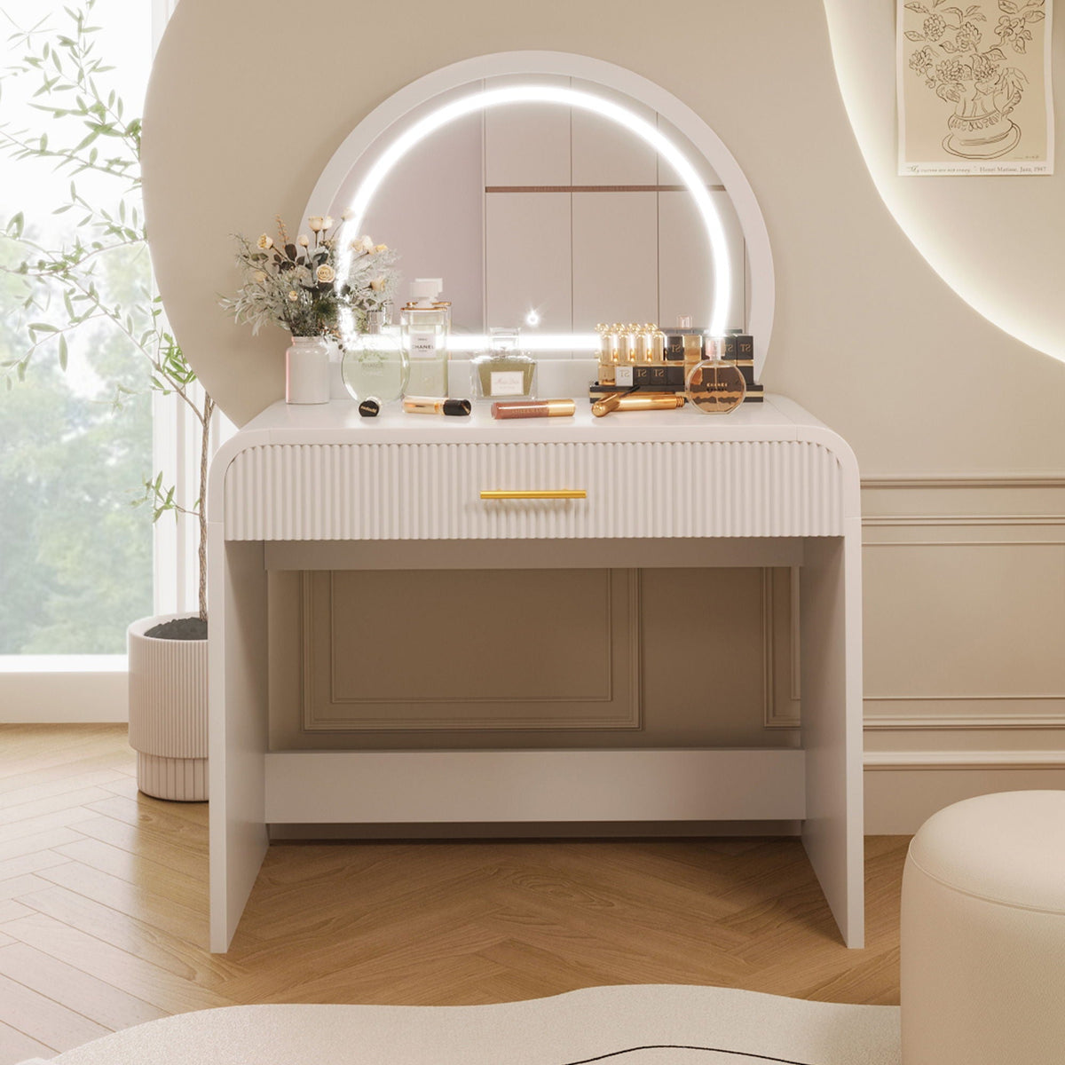 HEARTH AND HAVEN Makeup Vanity Table With Mirror Touch Screen Lighted Mirror,  Dressing Table With Drawer for Bedroom