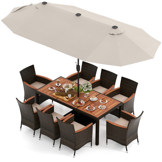COSTWAY 11 Pieces Patio Dining Set With 15 Feet Double-Sided Patio Umbrella and Base-Beige – REBEL