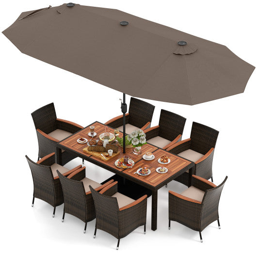 COSTWAY 11 Pieces Patio Dining Set With 15 Feet Double-Sided Patio Umbrella  and Base-Coffee