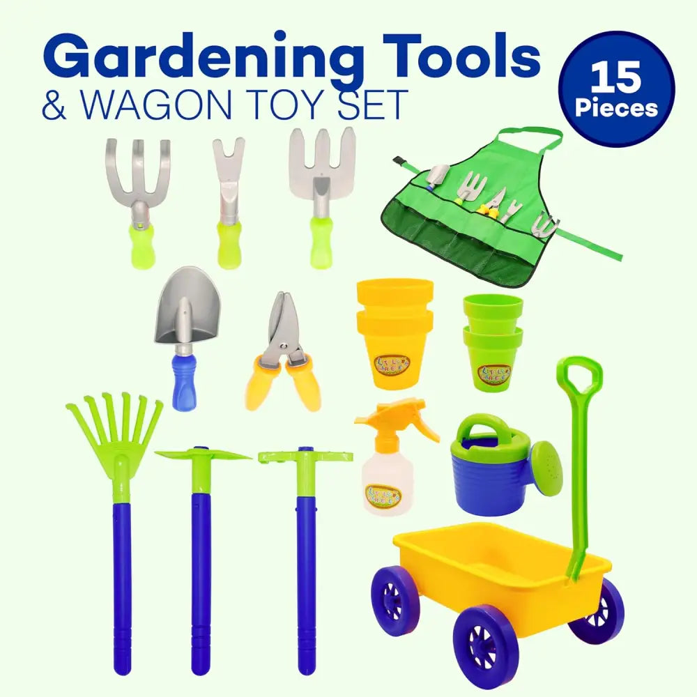 4E's Novelty 15 Piece Gardening Tools & Wagon Toy Set, Outdoor