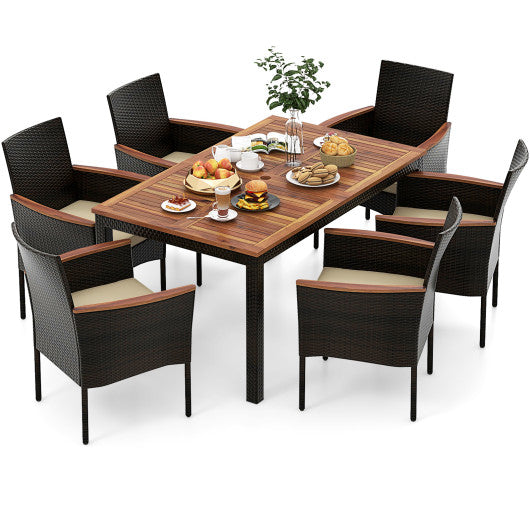 broyerk rattan wood patio umbrella stand dining table COSTWAY 7 Pieces Rattan Patio Dining Set With Stackable Chairs and Umbrella  Hole – REBEL