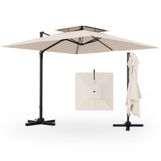 double patio umbrella with base COSTWAY 9.5 Feet Cantilever Patio Umbrella With 360¡ã Rotation and Double  Top-Beige – REBEL