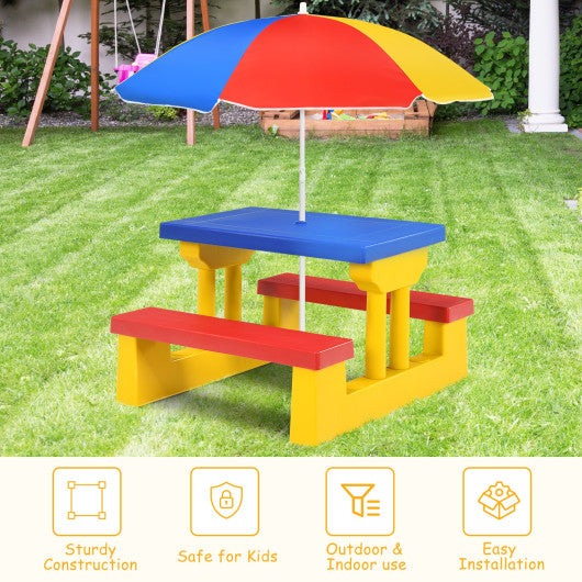 kids patio table with umbrella COSTWAY Kids Picnic Folding Table and Bench With Umbrella-Yellow – REBEL
