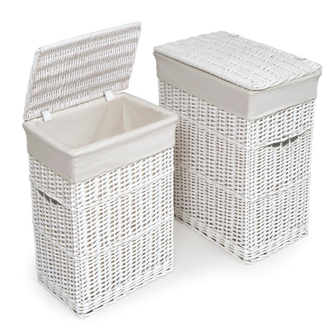 Badger Basket Wicker Two Hamper Set with Liners – White