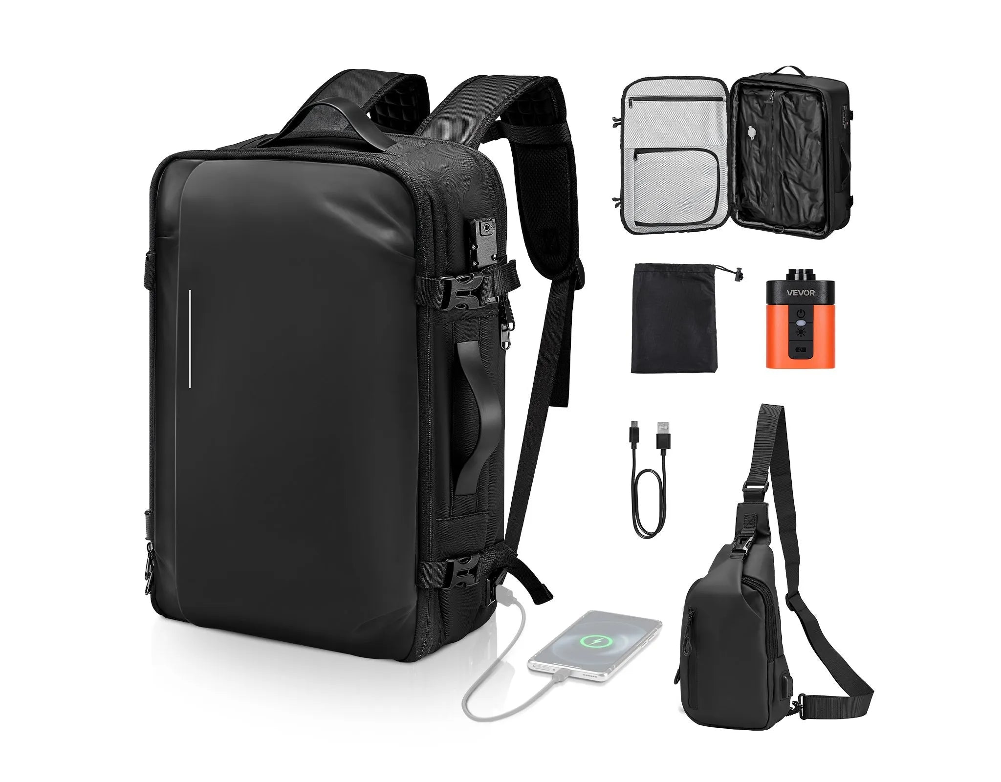 VEVOR 65L Vacuum Travel Backpack Expandable Compression Luggage with Pump TSA Lock Water-Resistant Carry-On Suitcase for Business Camping Hiking Black