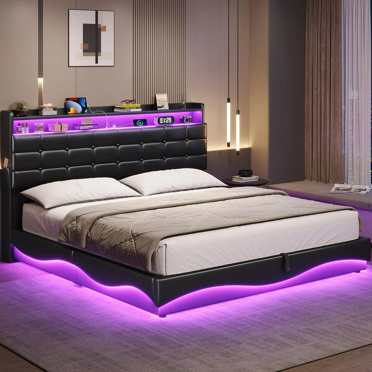 Ivy Bronx Queen Size Lift Up Storage Bed Frame With Charging Station ...