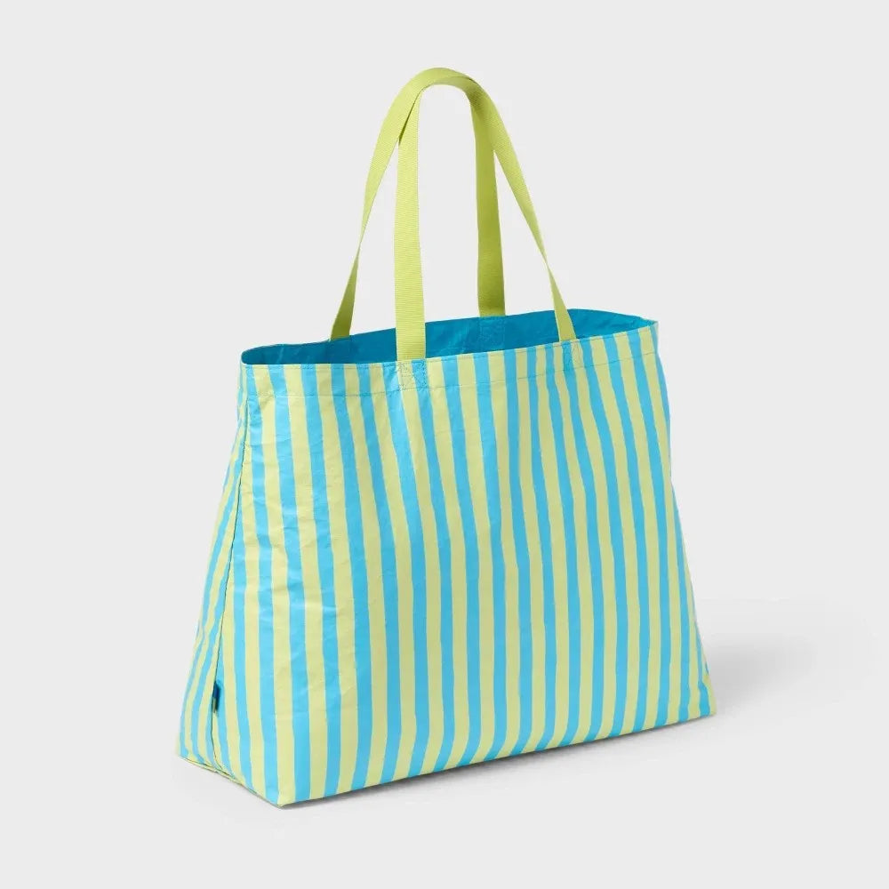 Open Story Water Resistant Reversible Tote Bag - Blue/Lime Stripe